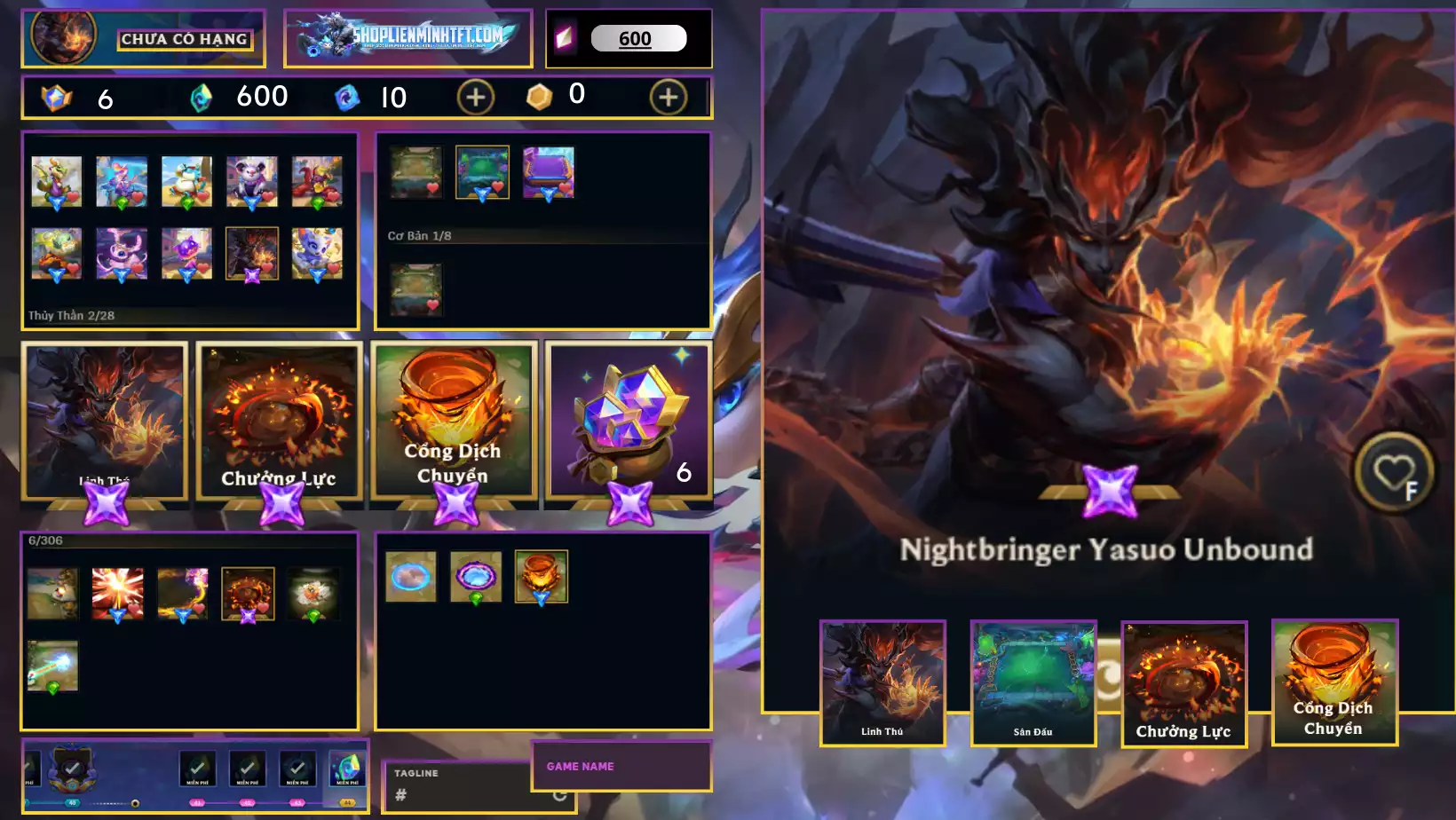 -Yasuo Ma Kiếm Đột Phá Chưởng Cổng - Dư 6 Huy Chương  - 0 Vàng - 2 Tím - 0 Sàn Tím - Dư 600 Pha Lê - 1Tí Nị Thường  - 2 Sàn Đỏ - Chưởng Lực Như Ảnh - Rank Bạc 2  - Còn Đổi Tên